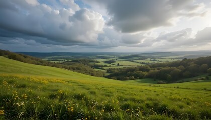 Naklejka premium Breathtaking Spring Landscape with Green Meadows and a Dramatic Sky Capturing Nature’s Vibrant Beauty