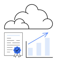 Cloud above certified document and upward graph signifies secure digital data management, compliance, and business growth. Ideal for technology, security, productivity, analysis, innovation, storage