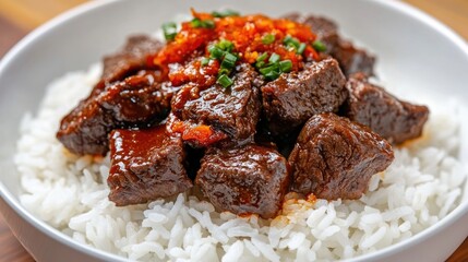 Cubed braised meat served over a bed of fluffy white rice