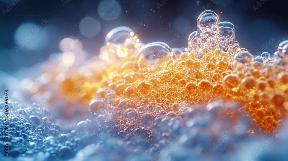 Poster a collection of soap bubbles rising above the surface, each one touching the next