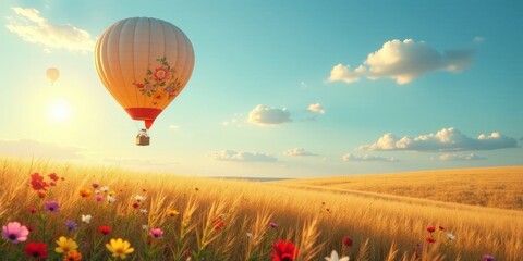 Fototapeta premium Serene Hot Air Balloon Flight Over Golden Wheat Field and Wildflowers at Sunset