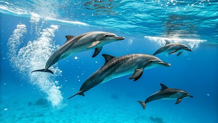 Obraz premium 4 Dolphins Swimming Underwater, Sunlit Ocean
