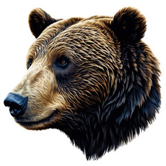 Brown bear head side view with fur texture, detailed illustration on transparent background. Wild animal illustration in png format, isolated.