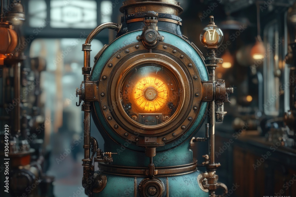 Poster A close-up shot of a steam clock on a pole, perfect for use in illustrations or designs where a vintage industrial feel is needed