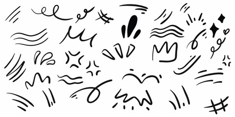 Dynamic collection of doodle line movement elements featuring abstract lines, swirls, and sketch strokes. Perfect for creating energetic backgrounds, illustrations, and comic effects.
