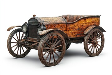 Fototapeta premium An old-fashioned wooden toy car sits on a clean white background, perfect for use in illustrations or designs where a nostalgic feel is desired