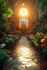 Fototapeta premium A beautiful stained glass window in a church, with sunlight shining through