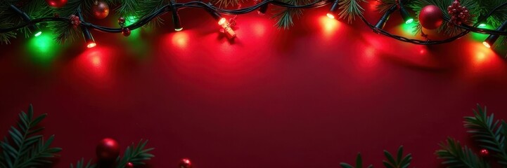 Flat lay red & green Christmas lights forming a frame , red, holiday