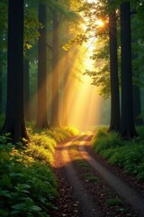 Golden light streams through trees onto winding forest lane, tranquil, leaves, track
