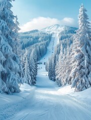 Chair lift ascending snowy mountain through pine forest on sunny day