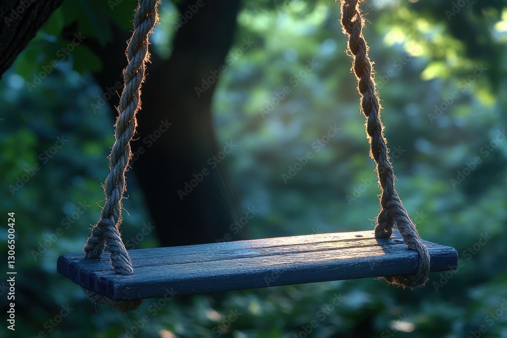 Poster A wooden swing hangs from a tree branch in a forest setting, perfect for use as a scene setter or background