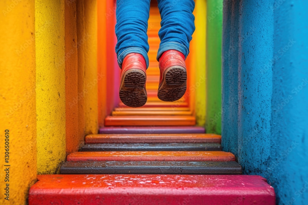 Poster a person climbing up vibrant staircase with multiple colors and designs