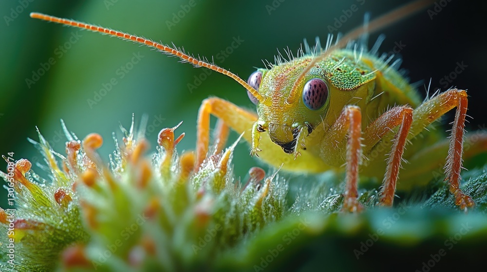 Poster close-up shot of a grasshopper sitting on a colorful flower