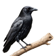 Fototapeta premium Black raven perched on branch. Dark bird sitting. Animal with brown eyes. Isolated transparent png.