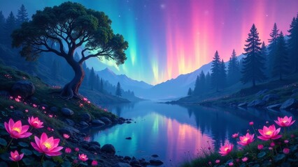 Serene Nighttime Lake Scene with Majestic Mountains and Vibrant Aurora Borealis Display Under a Starry Sky, Featuring a Solitary Tree and Delicate Pink Lotus Flowers