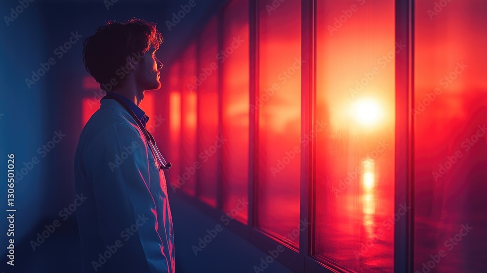 Poster a scientist standing at a window, possibly thinking or contemplating something