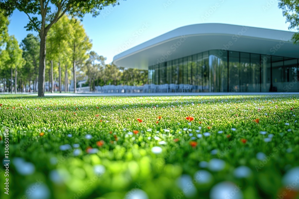 Poster A green field with colorful flowers in front of a modern building, suitable for use in architecture or landscape design projects