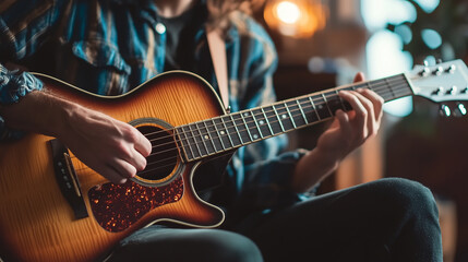 Fototapeta premium man's hands playing acoustic guitar. Musical instrument for recreation or hobby passion concept.