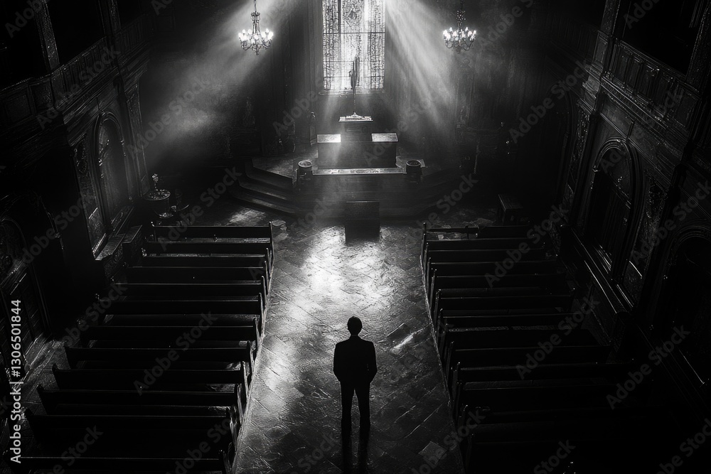 Poster a person stands inside a church, illuminated by natural light passing through stained glass windows