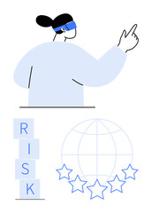 Blindfolded woman pointing, stack of risk blocks, globe, five stars symbolizing uncertainty, analysis, ratings. Ideal for risk management, strategy, decision-making success evaluation business