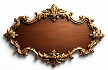 Sophisticated wood signboard with gold trim, floral accents isolated on white background. Elegant ornate carved frame features vintage classical design elements for sign. Customizable empty text