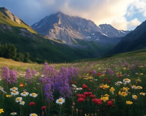Meadow blooms with mountain view at sunset