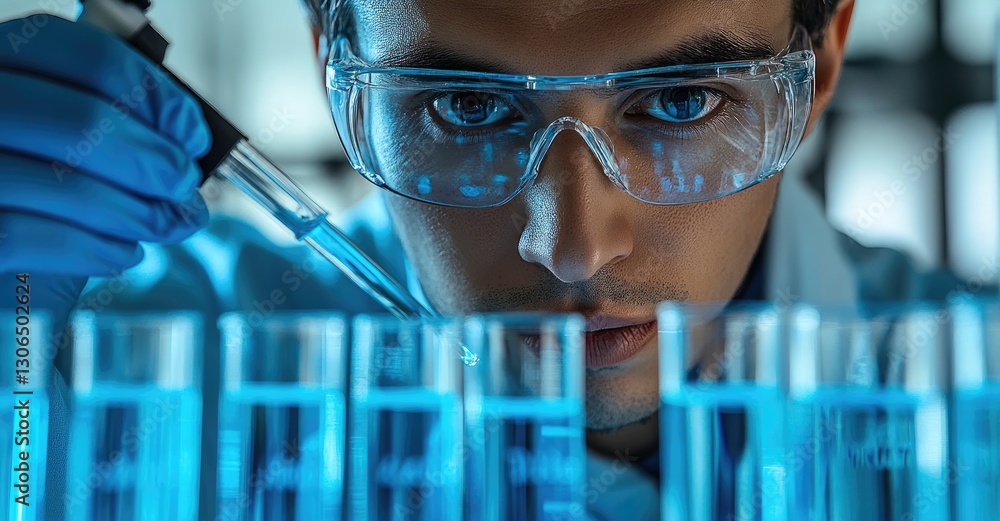 Poster a focused scientist in goggles conducts an experiment, using a pipette to transfer liquid into test 