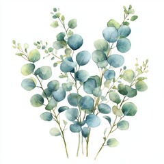 Obraz premium A beautiful watercolor illustration featuring a cluster of green and blue eucalyptus leaves on a white background.