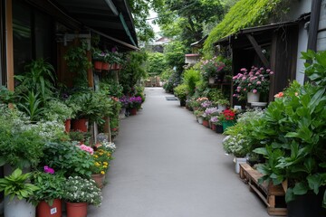 A walkway with many potted plants and flowers. The walkway is lined with potted plants and flowers, and there are several potted plants on the ground