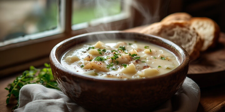 Traditional Cullen Skink &ndash; Creamy Scottish Smoked Haddock Soup with Potatoes & Leeks in a Rustic Setting