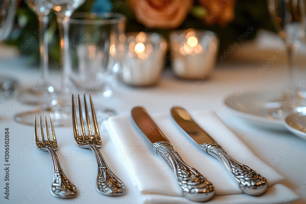 Poster a close-up view of a table set with silverware, perfect for use in restaurant or food-related design