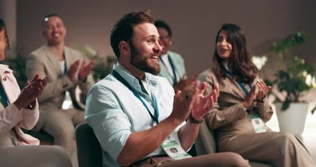 Happy, business people and meeting with applause for seminar, presentation or well done at office. Group, employees or audience clapping with smile or team for good job, thank you or congratulations