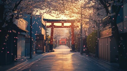 Fototapeta premium A beautiful street scene with a traditional red gate
