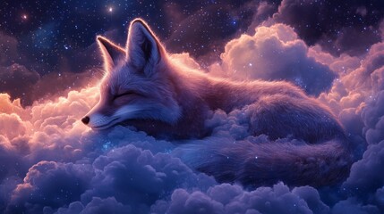 Fototapeta premium Celestial fox resting on glowing cloud, stardust drifting from fur, peaceful and divine, fantasy art, ultra-detailed, 8k