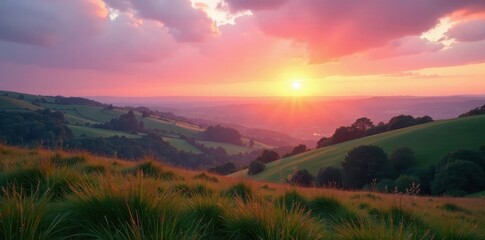 Soft pastel sunset over rolling Yorkshire Dales hills , countryside, horizon