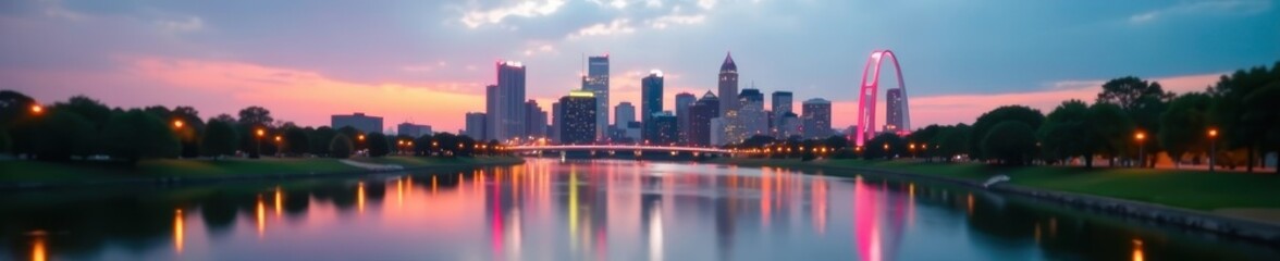 Obraz premium St Louis skyline, blurred river, depth of field, panorama, riverfront, buildings