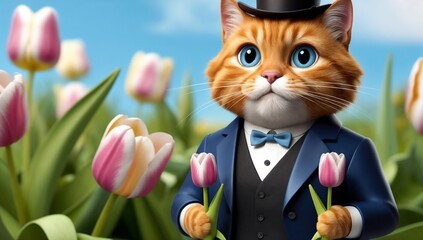 whimsical spring scene with a fancy cat presenting a floral gift for printed materials and themed event designs