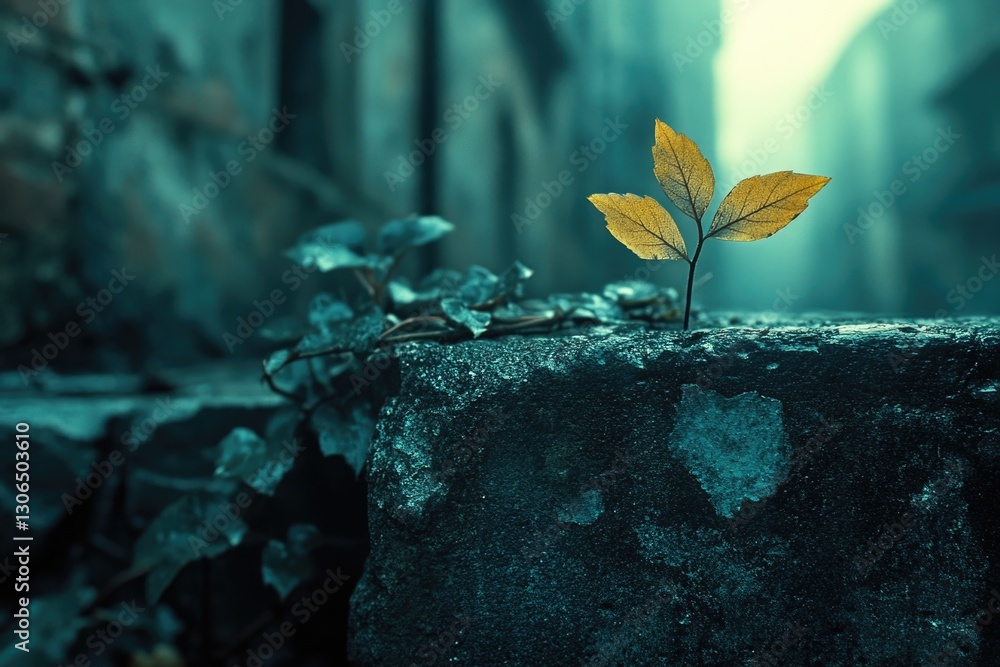 Poster a small plant is sprouting from the surface of a rocky terrain, symbolizing resilience and determina