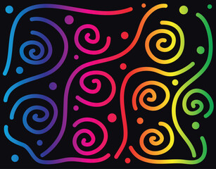 Abstract background with gradient swirls, lines and dots. Vibrant rainbow shapes isolated on black background, copy space.