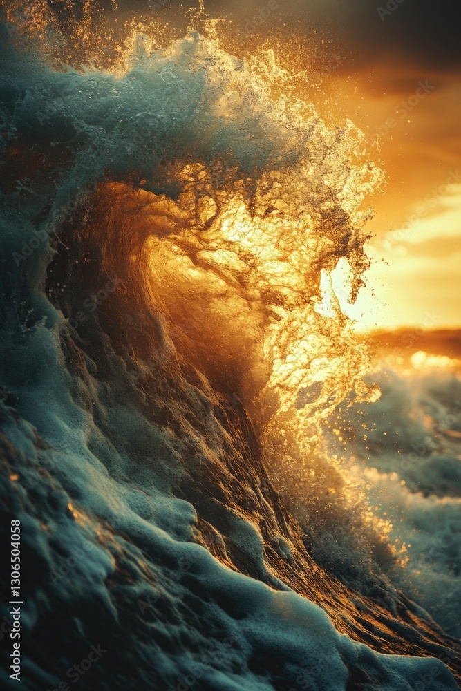 Poster a large wave crashes into the ocean during sunset, perfect for use in coastal or travel-themed proje
