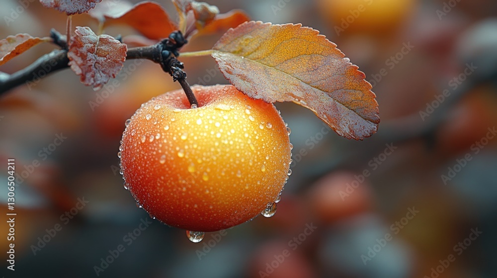 Poster A close-up shot of a single apple hanging from a tree branch, highlighting its texture and color