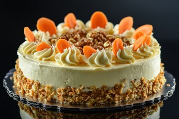 Delicious carrot cake with cream cheese frosting, garnished with candied carrots and walnuts.