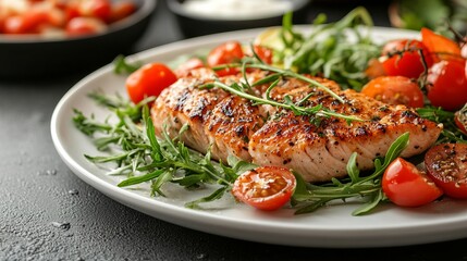 Deliciously Plated Gourmet Dish Featuring Succulent Fish Garnished with Vibrant Vegetables on White Plate