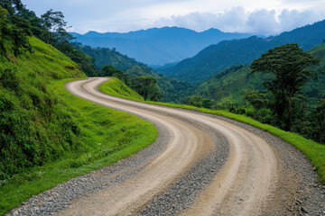 winding mountain road in Colombia, surrounded by lush greenery and hills, offers scenic view of landscape. tranquil atmosphere invites exploration and adventure