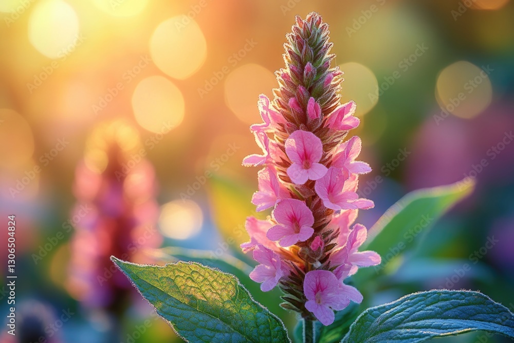 Poster a close-up shot of a pink flower with green leaves, ideal for using in designs or illustrations wher