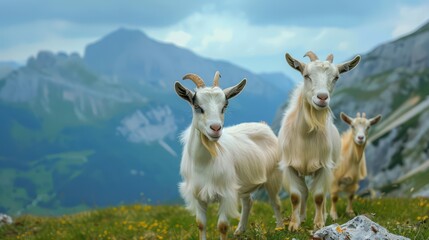 Mountain goats grazing in picturesque alpine landscape for world cheese day concept. Horizontal banner. Copy space. World Milk Day