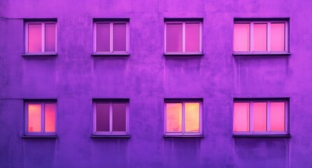 A purple building facade with windows a purple sky.