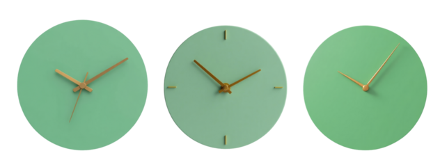 three green clocks with gold hands isolated on transparent background