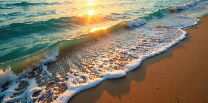 Golden sunlight reflects on tranquil waves gently washing a sandy beach from above , paradise, view