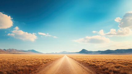 vast desert landscape with long dirt road stretching into horizon, surrounded by mountains and clear blue sky. scene evokes sense of adventure and tranquility